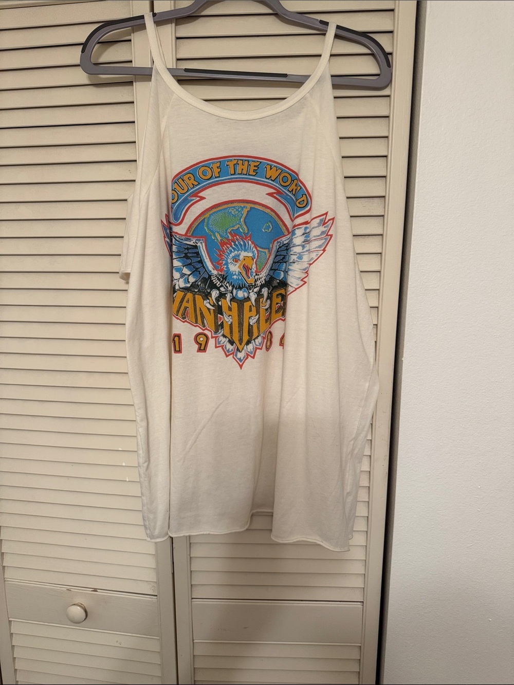 Van Halen Graphic Open Shoulder Tee - Cream with Multicolor Print